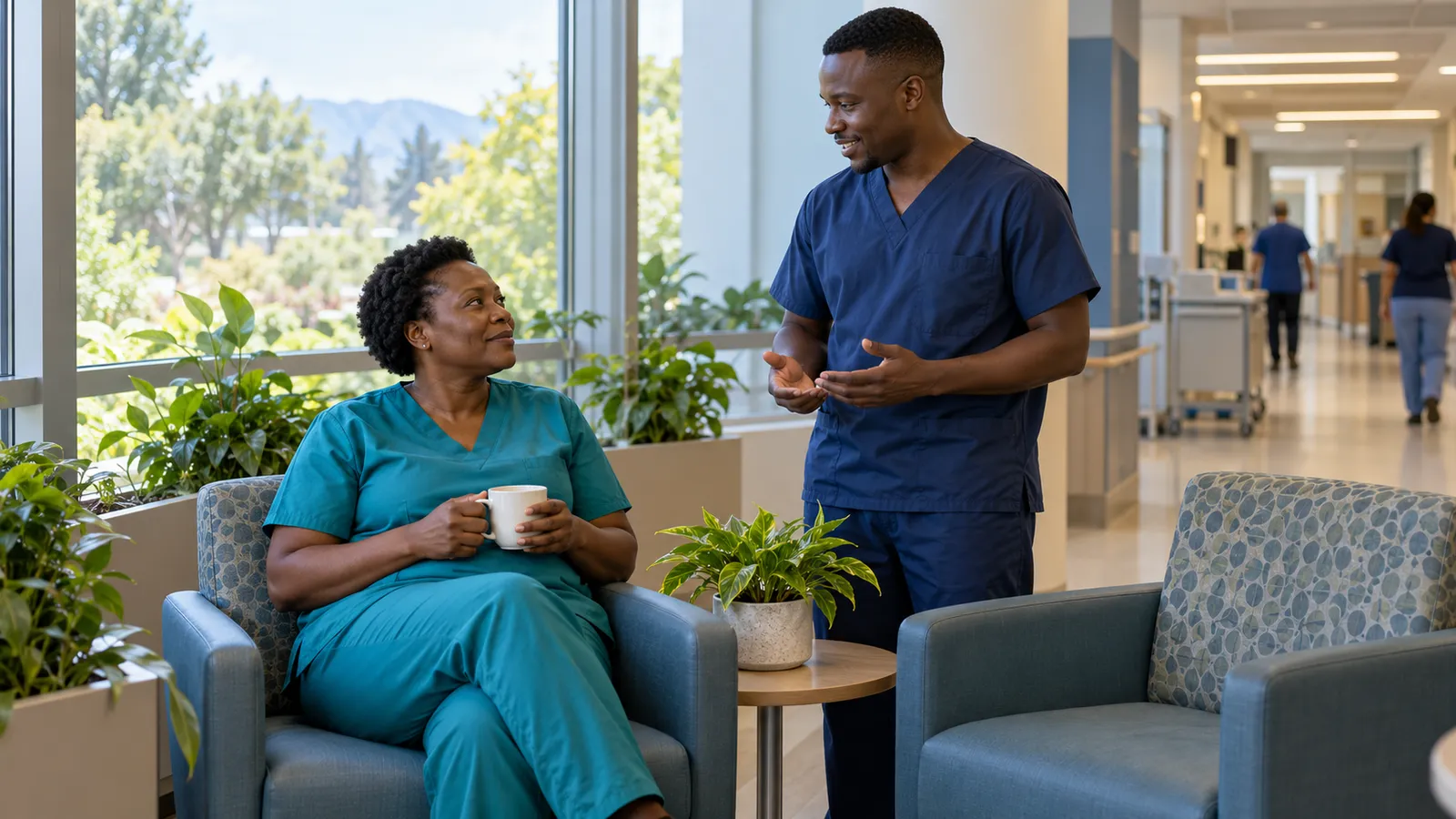 A seated nurse holds a mug while chatting with a standing colleague in a sunlit hospital lounge.