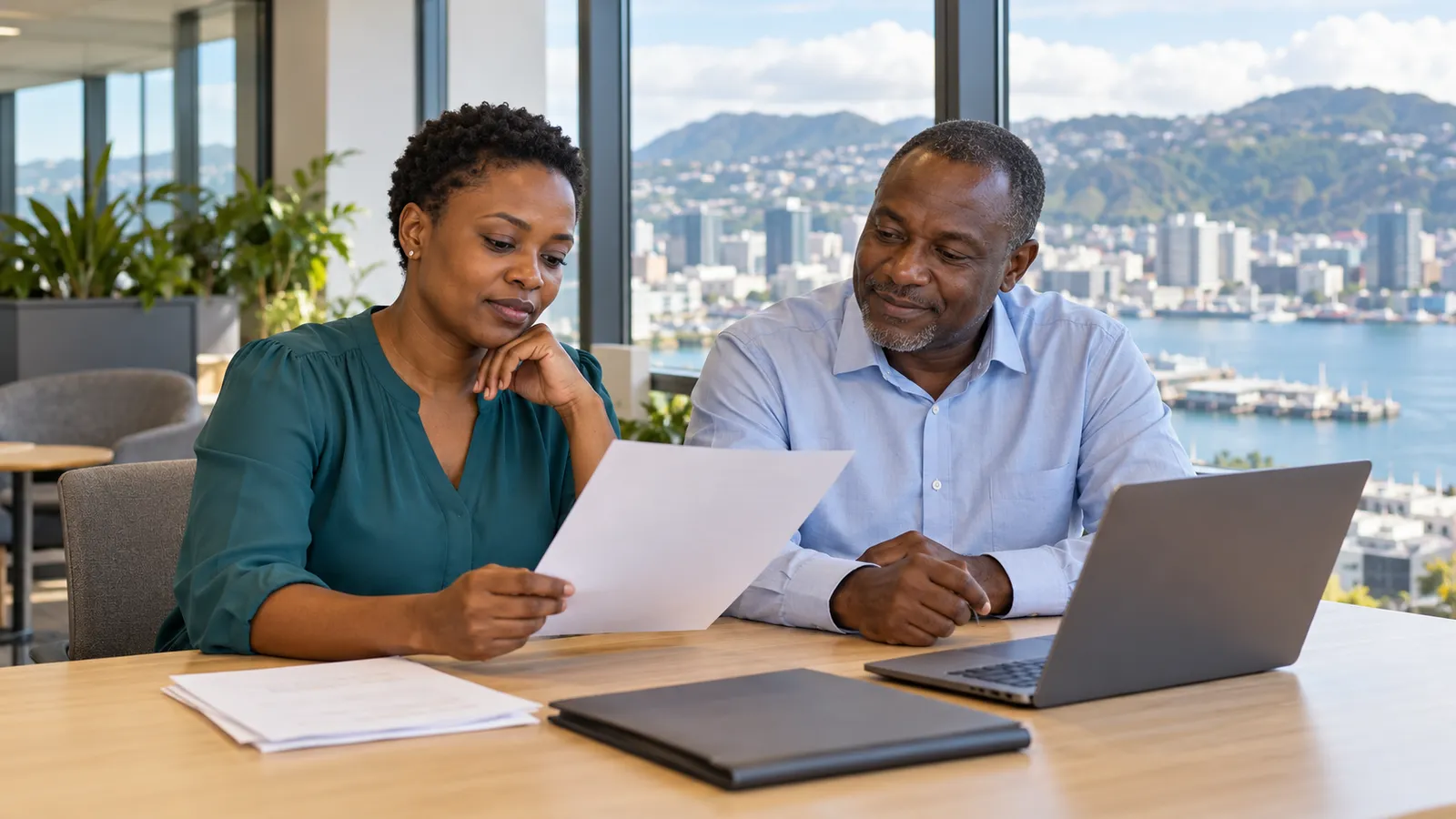 Two Ugandan colleagues review paperwork beside a laptop in a bright office overlooking Wellington Harbour.