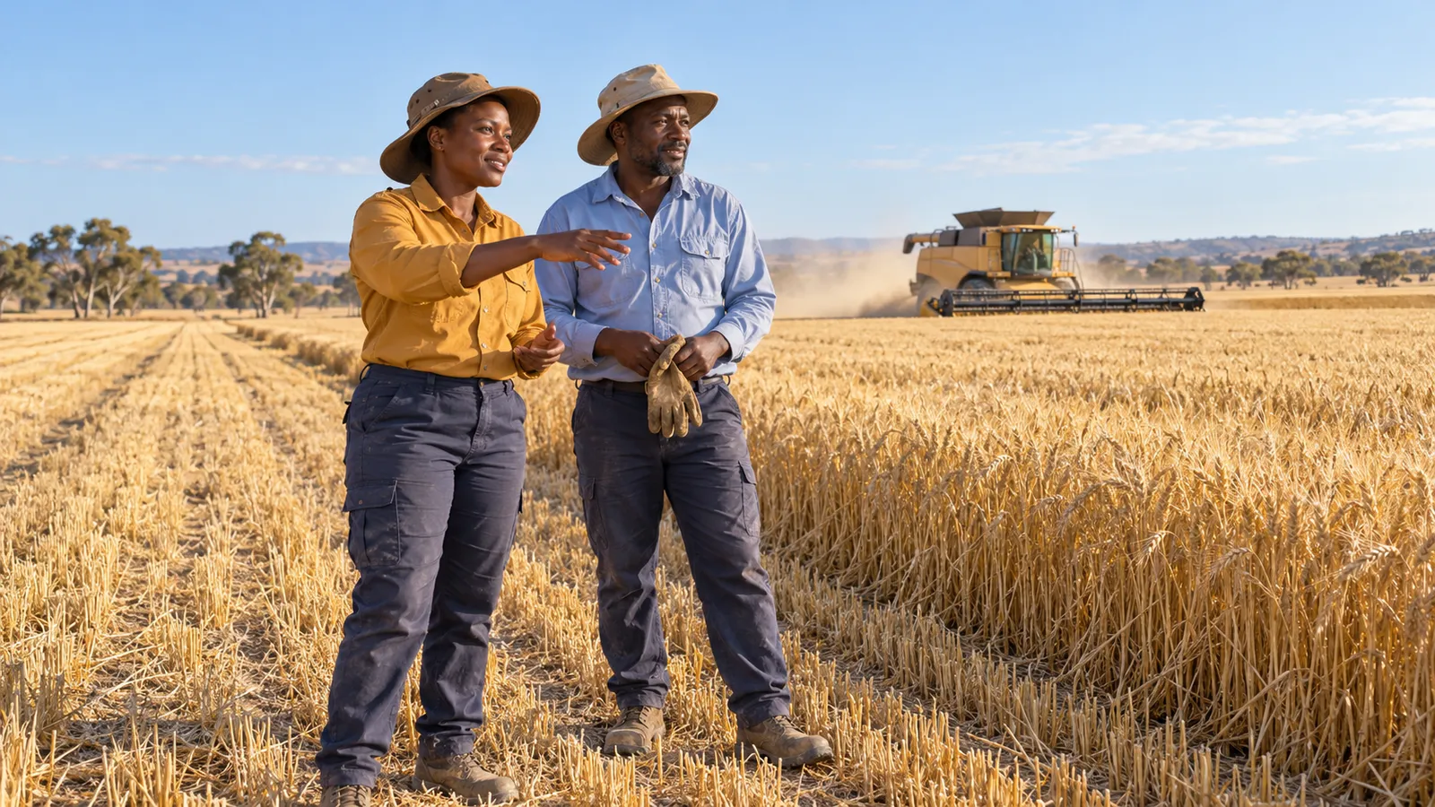 Two farm workers stand beside golden wheat as a combine harvester crosses an Australian field.