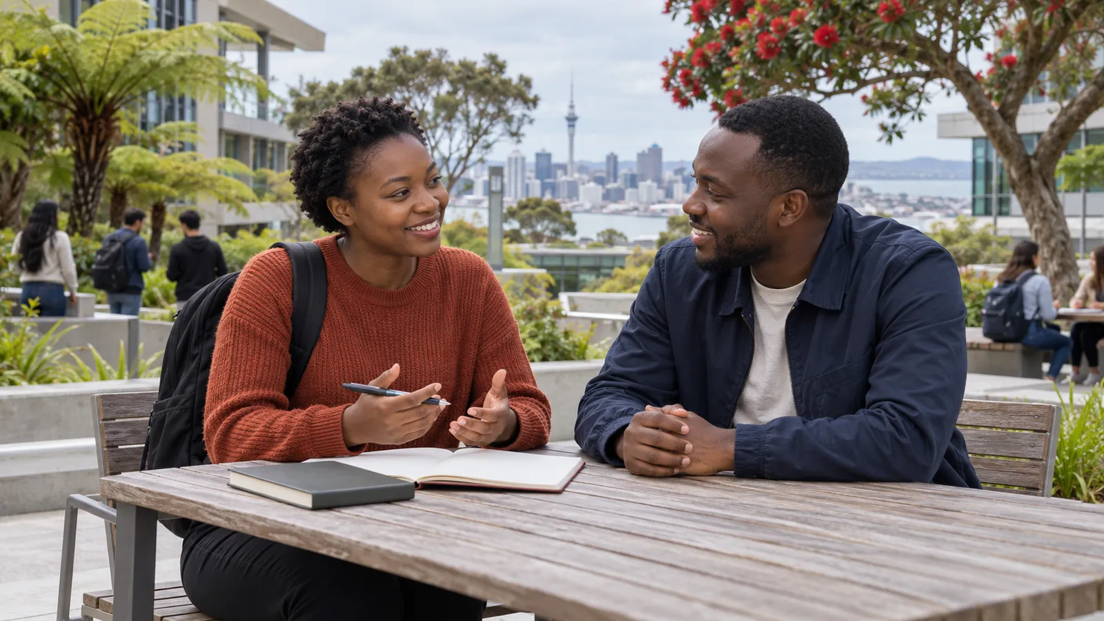 Two Ugandan students discuss their studies at a leafy campus table overlooking Auckland’s skyline.