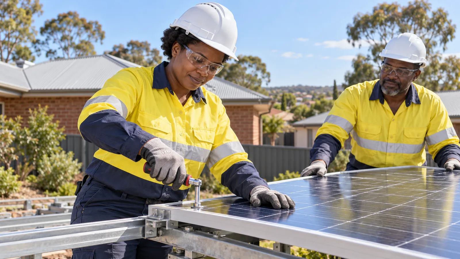 Two Ugandan tradespeople in safety gear secure a solar panel at a sunny Australian suburban worksite.