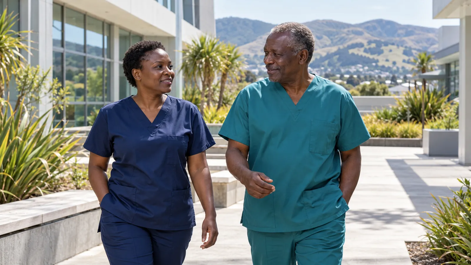Two Ugandan healthcare workers in scrubs walk through a sunny New Zealand hospital courtyard with hills behind them.