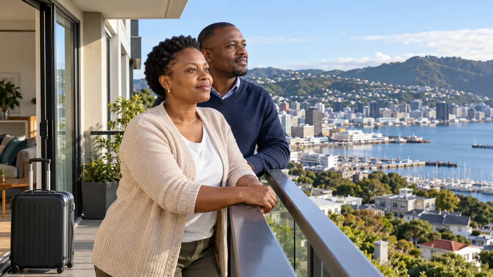 A Ugandan couple stands on a sunny balcony overlooking Wellington harbour, with a suitcase beside the doorway.