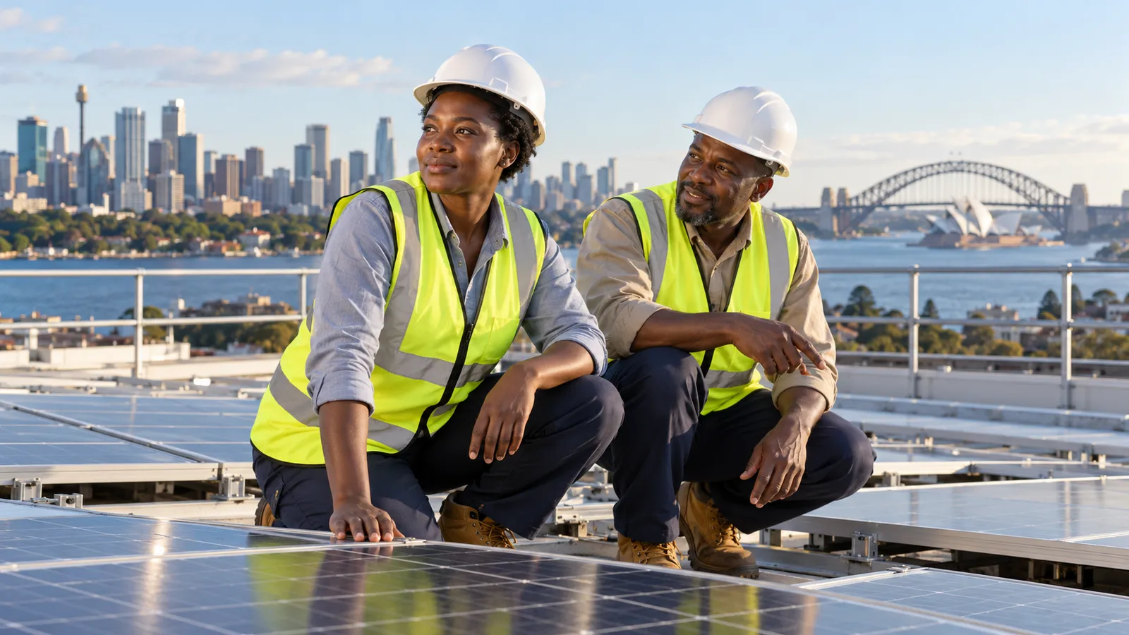 Two Ugandan engineers in safety gear crouch beside rooftop solar panels overlooking Sydney Harbour.
