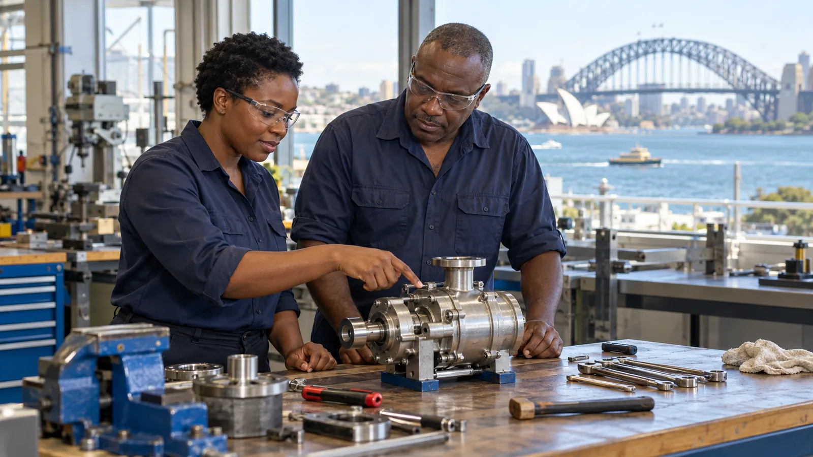 Two Ugandan engineers inspect a mechanical pump in a sunlit workshop overlooking Sydney Harbour.
