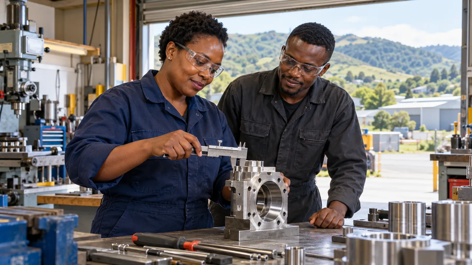 Two Ugandan technicians measure a metal component together in a sunlit New Zealand workshop.
