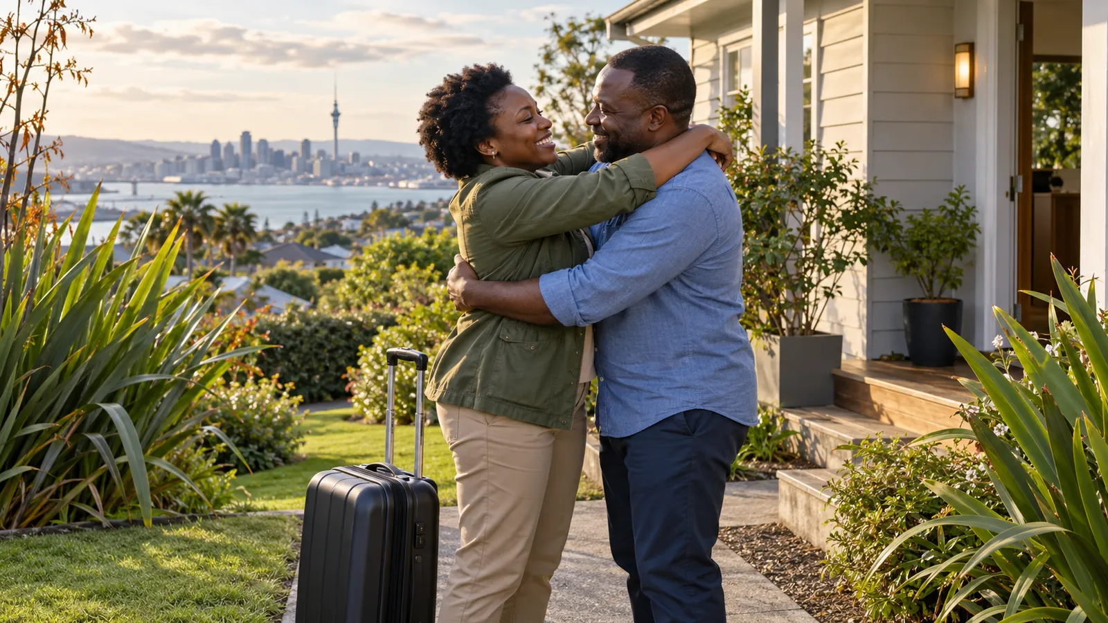 A smiling couple embraces beside a suitcase outside an Auckland home overlooking the harbour and skyline.