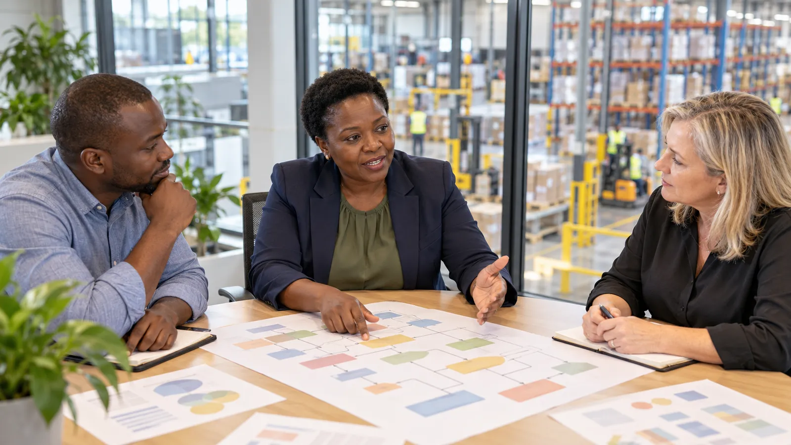 A Ugandan manager leads a discussion with two colleagues over workflow diagrams in an office overlooking a warehouse.
