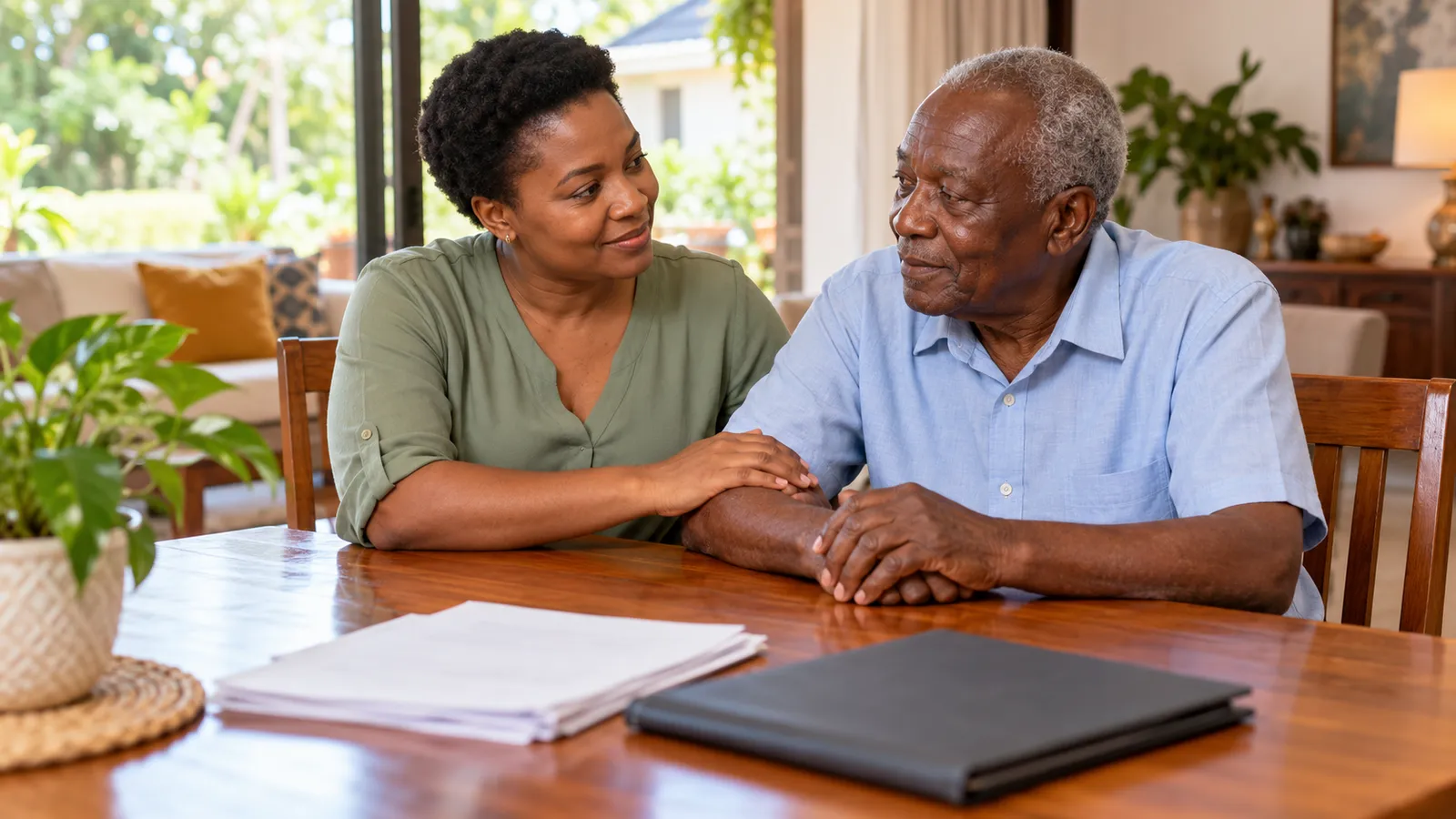 A Ugandan woman reassures her elderly father at a sunlit dining table with papers and a closed folder.