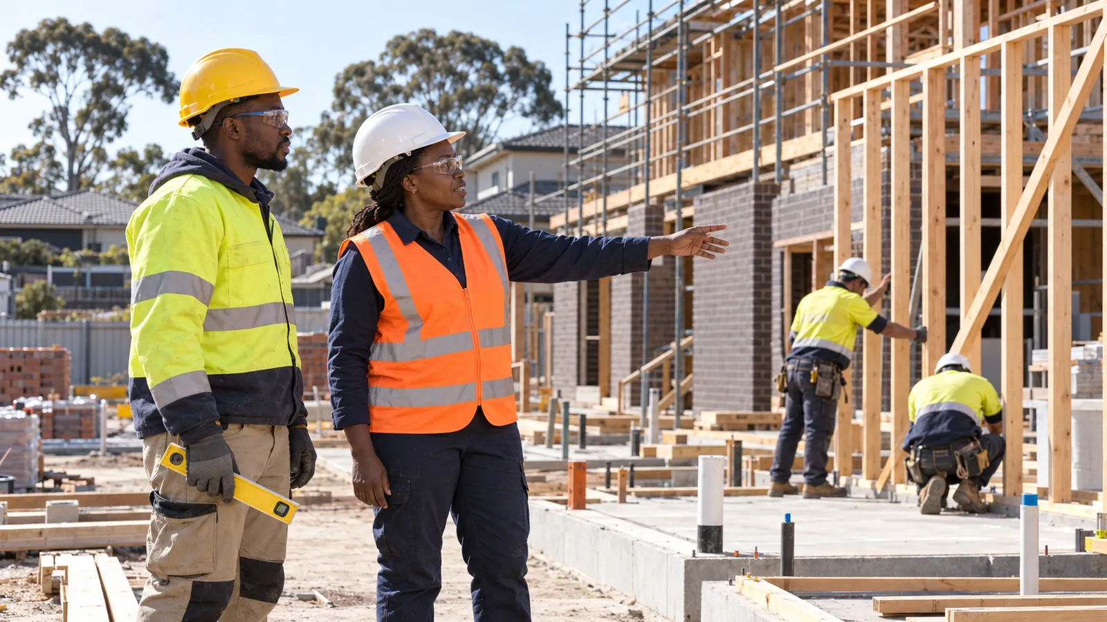 A Ugandan supervisor and tradesman coordinate framing work at a sunlit Australian construction site.
