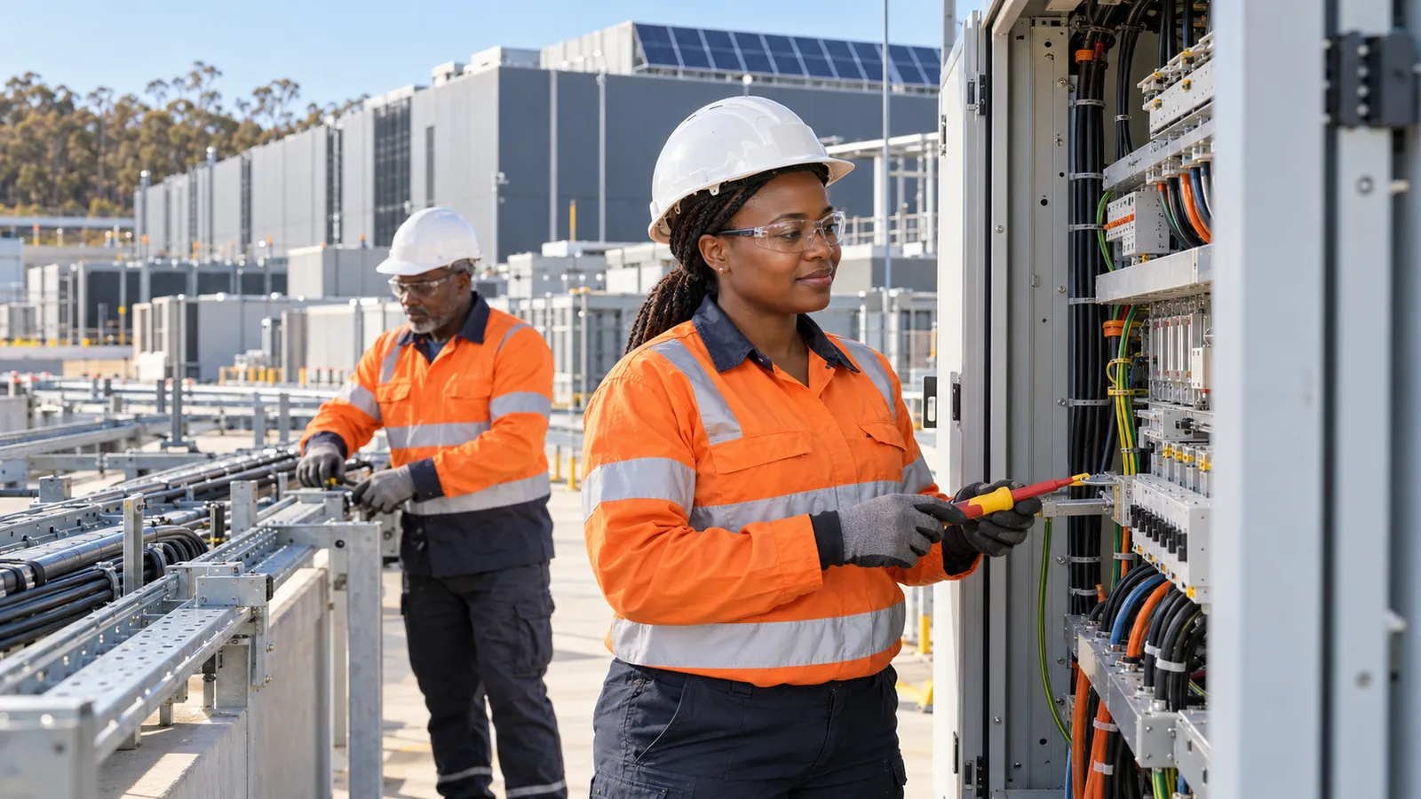 Two Ugandan electricians in orange safety gear work on electrical equipment at an Australian data centre.