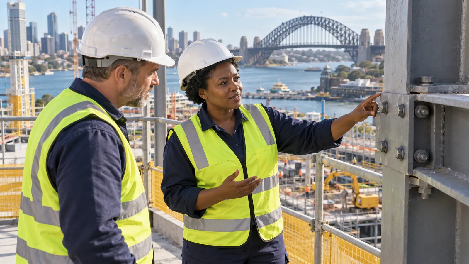 A Ugandan engineer discusses a steel connection with a colleague at a construction site overlooking Sydney Harbour.