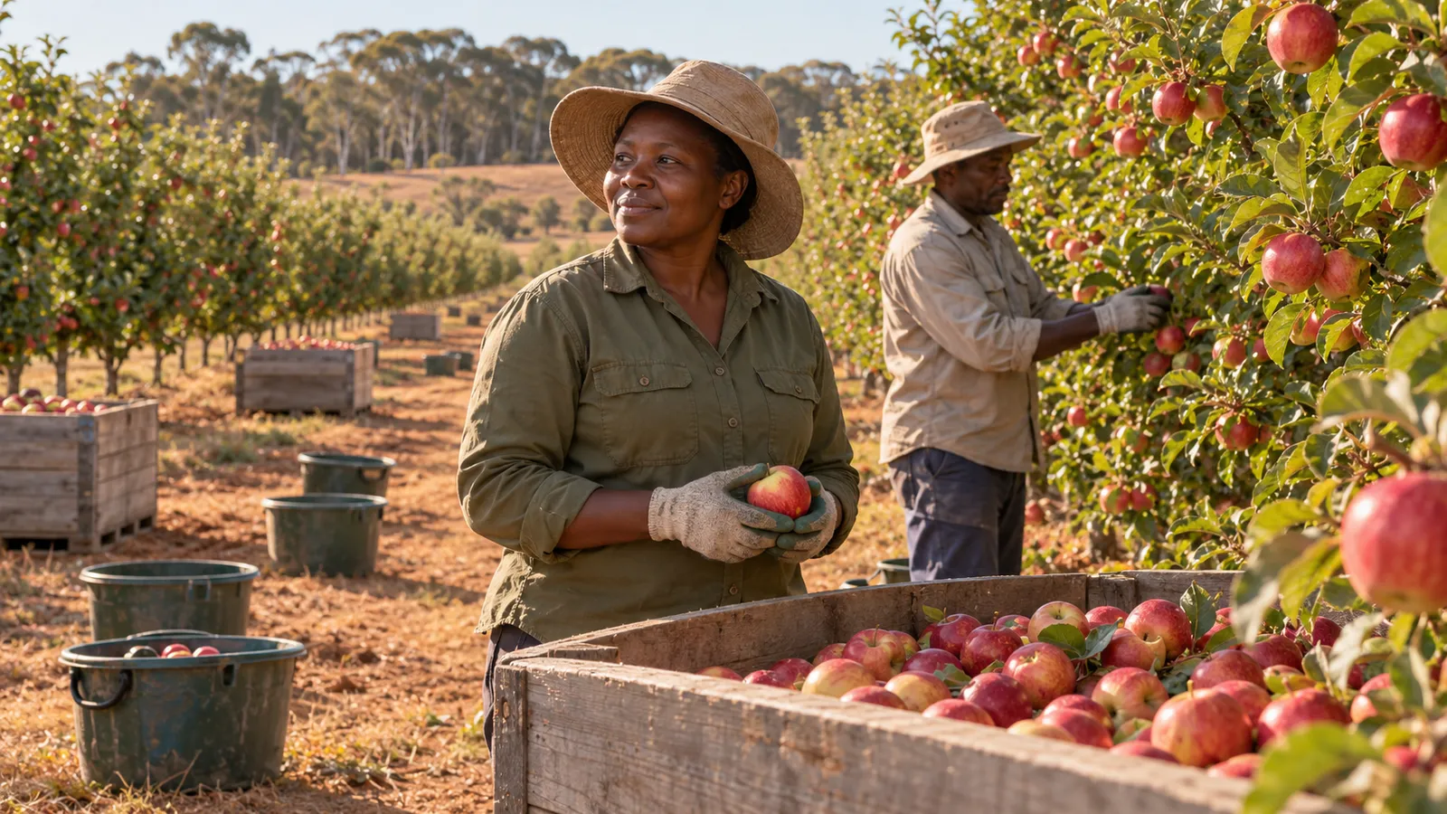A woman holds an apple beside a wooden harvest bin while a man picks fruit in a sunlit Australian orchard.