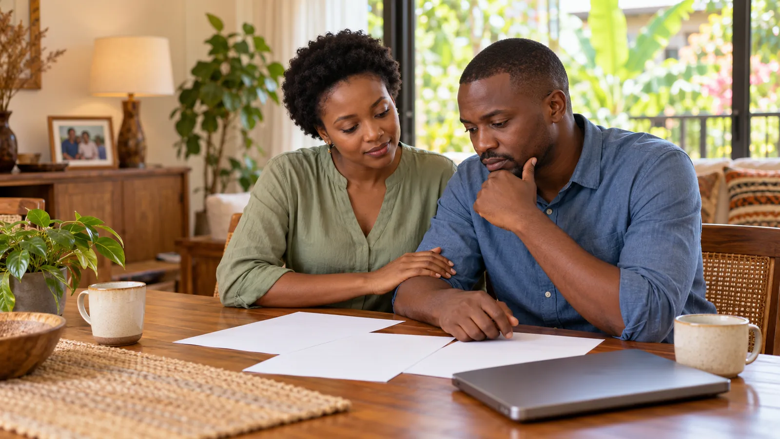 A Ugandan couple considers papers together at a sunlit dining table, with a closed laptop beside them.