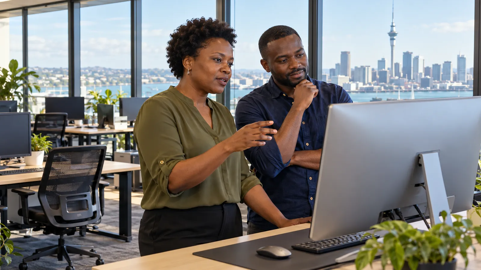 Two Ugandan tech professionals collaborate at a desktop computer in a sunlit office overlooking Auckland.