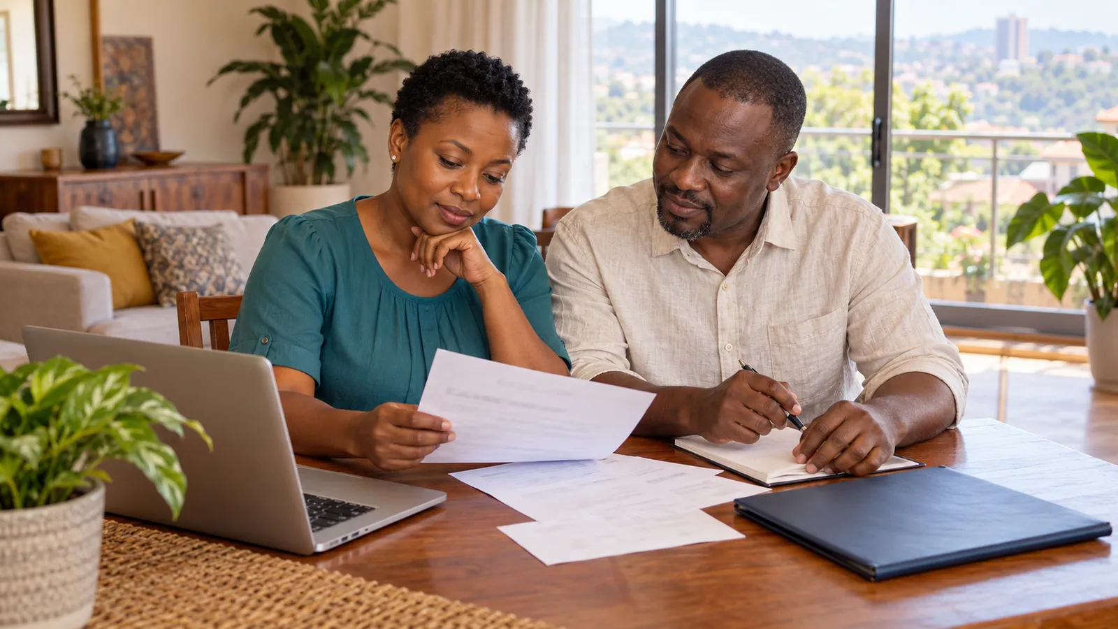 A Ugandan couple reviews paperwork beside a laptop at a wooden table in their sunlit home.