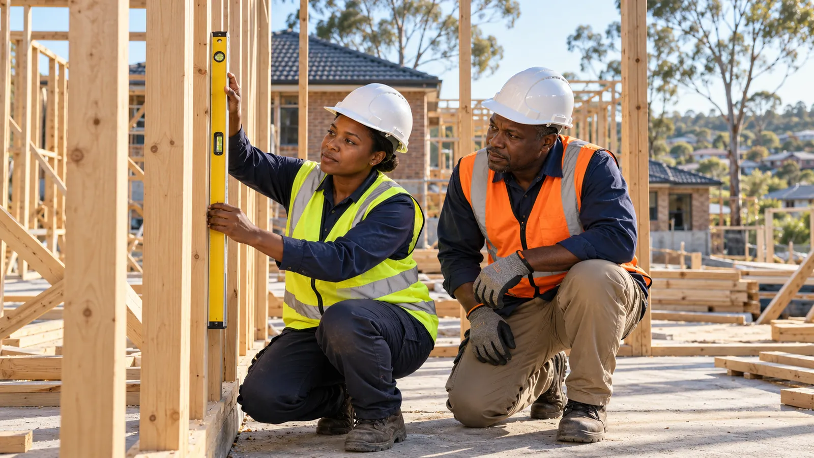 Two Ugandan builders in safety gear check a timber wall frame at a sunlit Australian housing site.