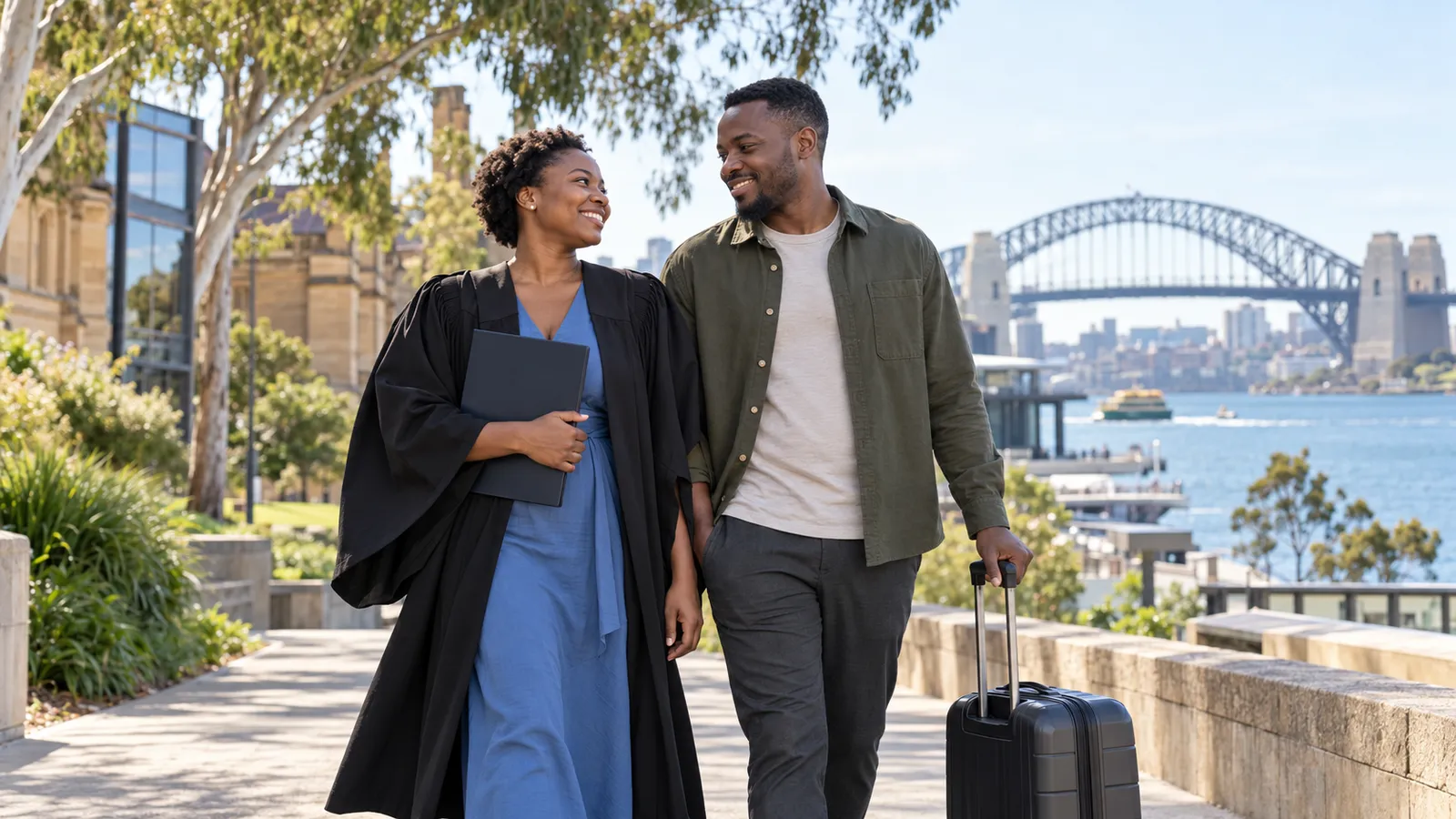 A Ugandan graduate and her partner walk with a suitcase beside Sydney Harbour, smiling at each other.