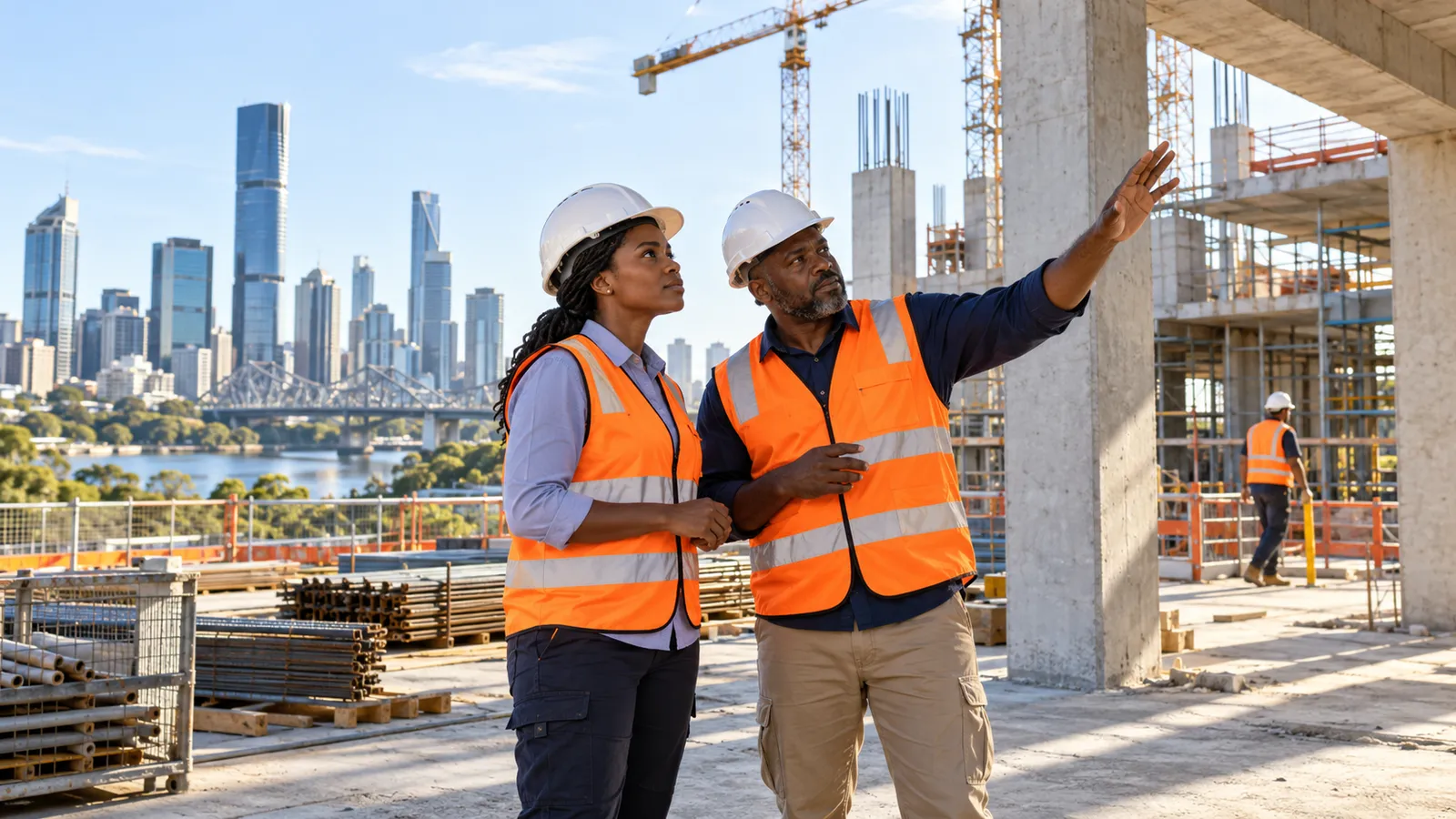 Two construction professionals in hard hats and orange safety vests inspect a building site overlooking Brisbane.