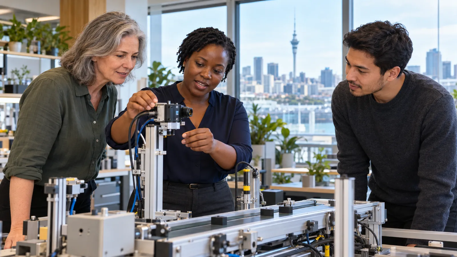 A Ugandan specialist demonstrates machine-vision equipment to two colleagues overlooking Auckland’s skyline.