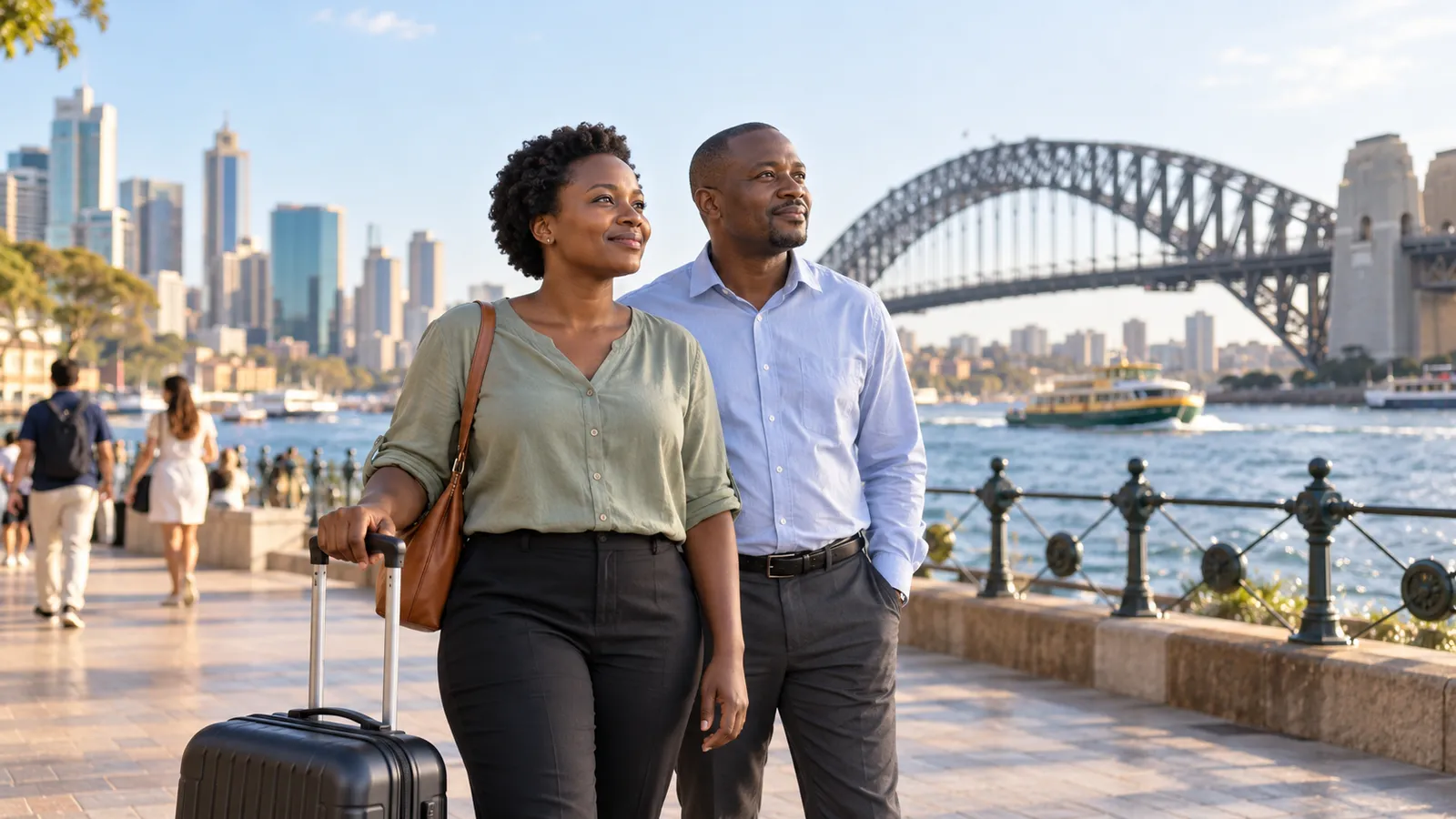 A Ugandan couple stands with a suitcase beside Sydney Harbour, with the Harbour Bridge behind them.