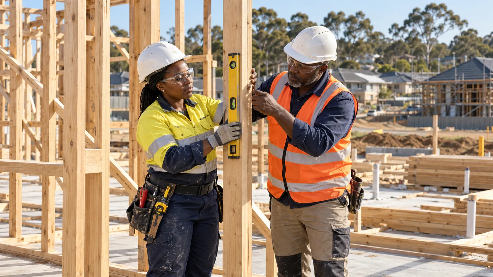 Two construction workers in safety gear check a timber post with a spirit level at an Australian housing site.