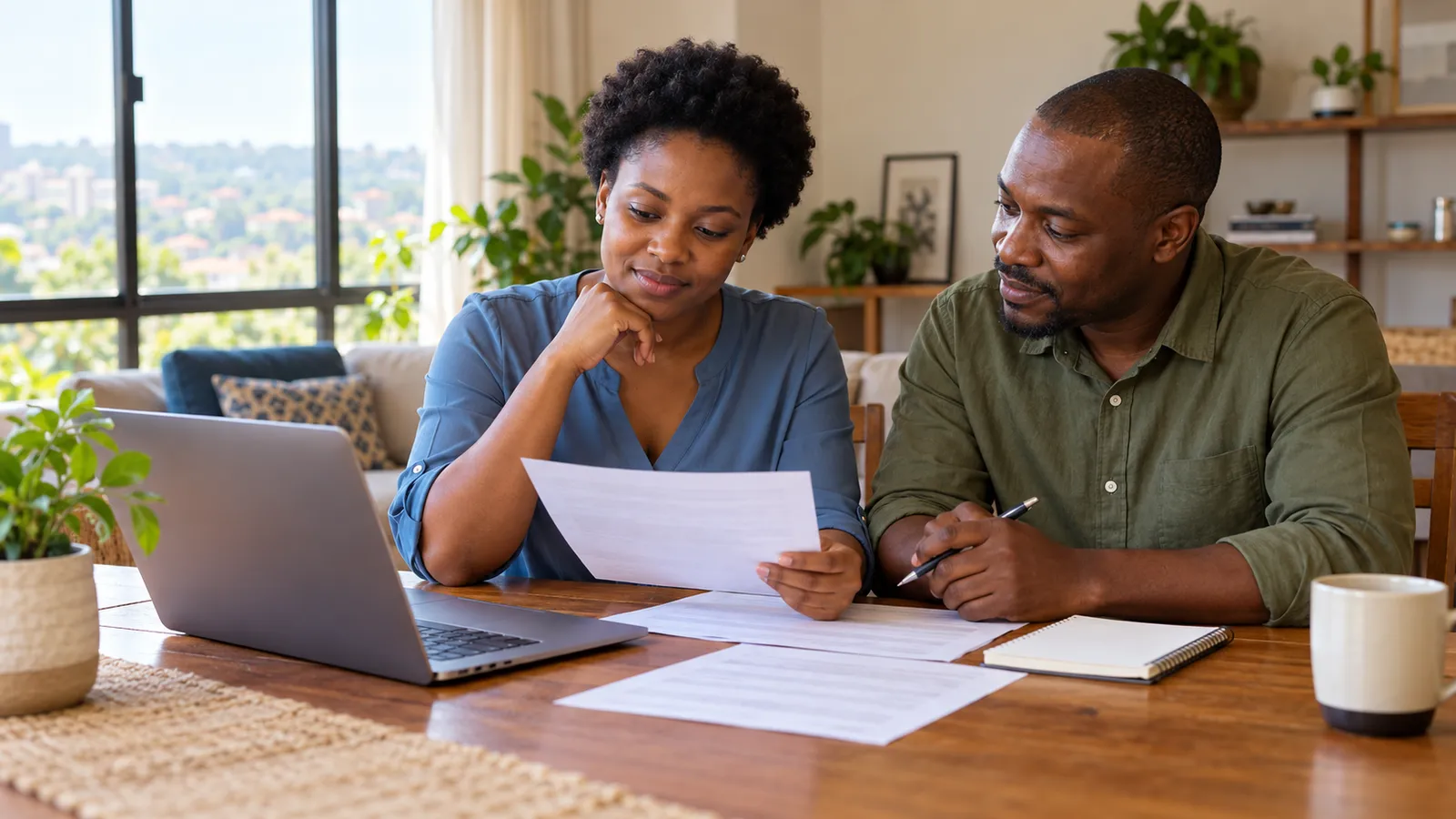 A Ugandan woman and man review paperwork beside a laptop at a wooden table in a sunlit home.