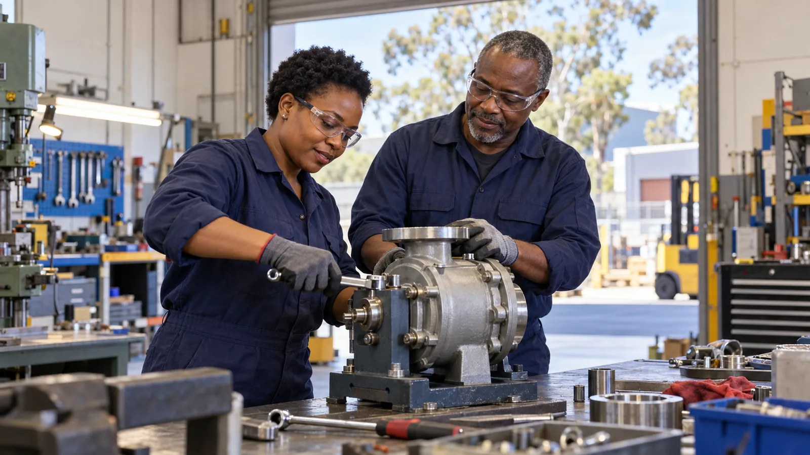 Two workers wearing safety glasses and gloves assemble a metal pump in a sunlit Australian workshop.