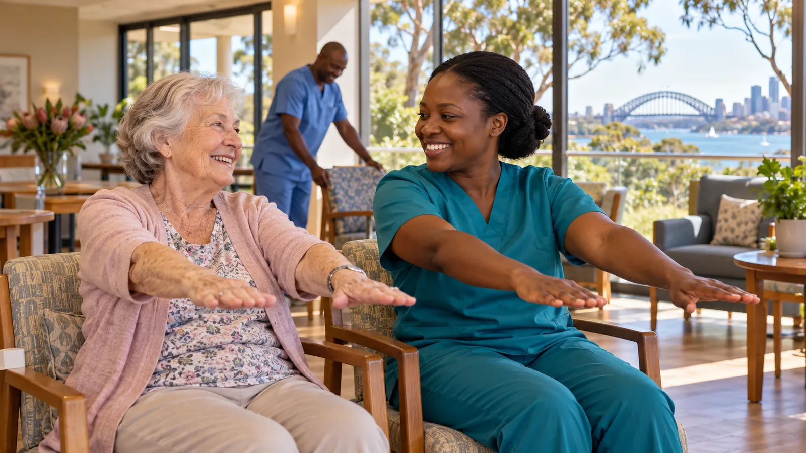 A Ugandan care worker and an older woman practise seated exercises in a sunlit care centre overlooking Sydney Harbour.