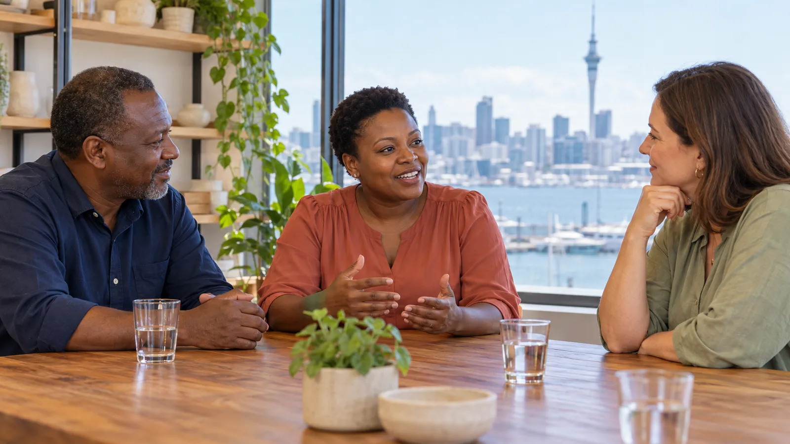 A Ugandan entrepreneur talks with two colleagues at a wooden table overlooking Auckland’s waterfront.