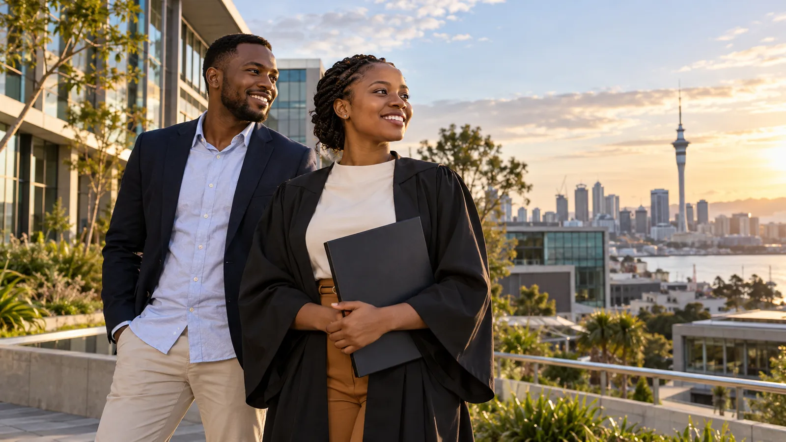 A smiling Ugandan graduate holds a portfolio beside a friend on a sunlit terrace overlooking Auckland’s skyline.