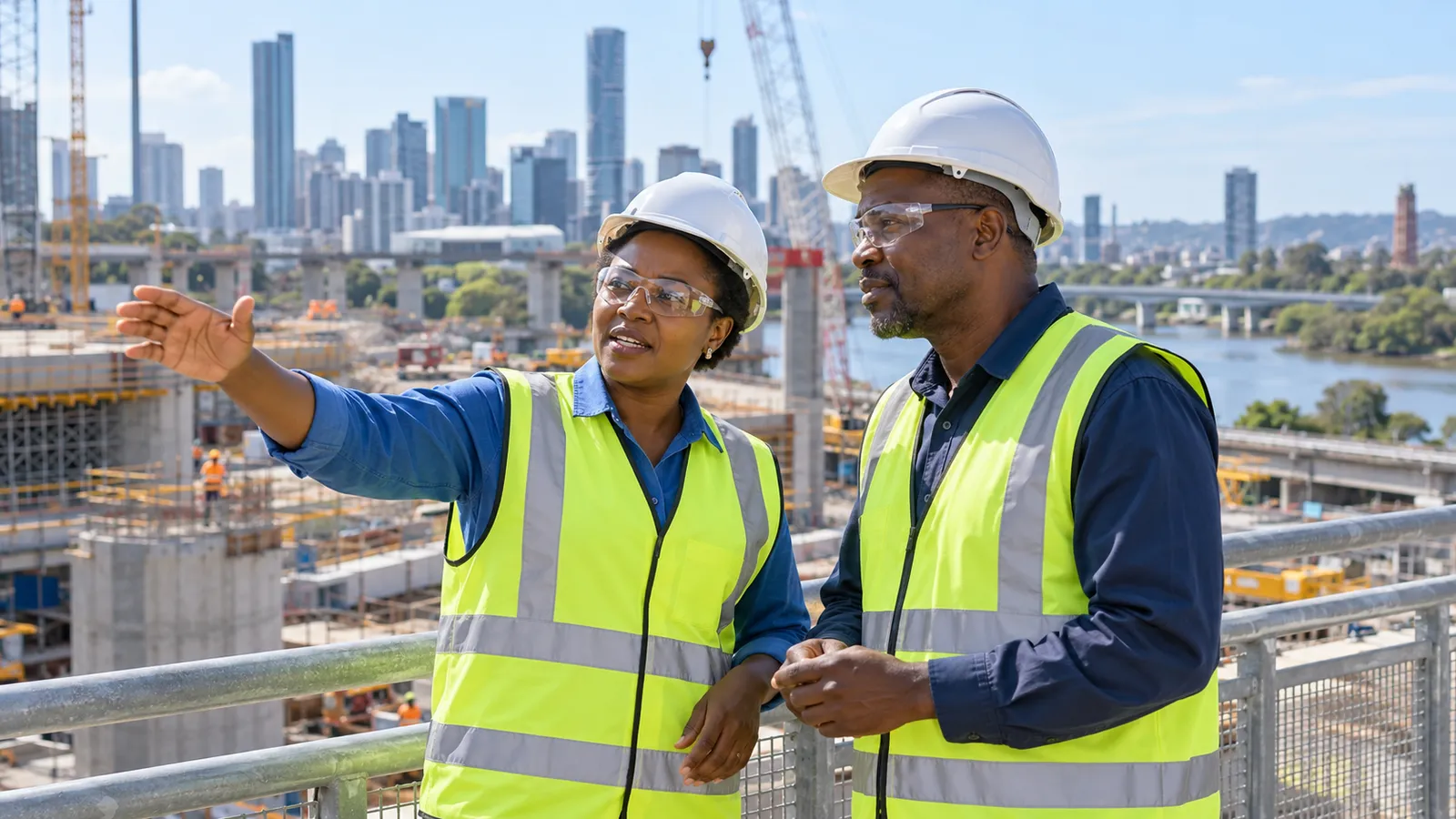 Two Ugandan engineers in hard hats and safety vests discuss a construction site overlooking Brisbane’s skyline.