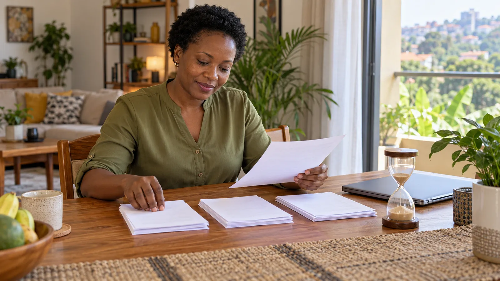 A Ugandan woman sorts papers beside an hourglass and closed laptop at a sunlit table in her home.