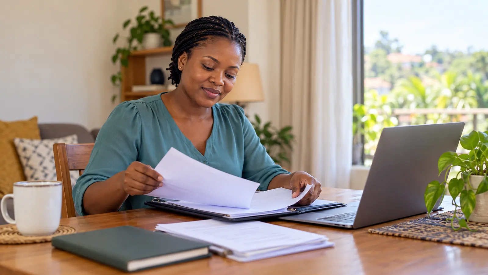 A Ugandan woman organizes papers beside a laptop at a wooden table in her sunlit home.