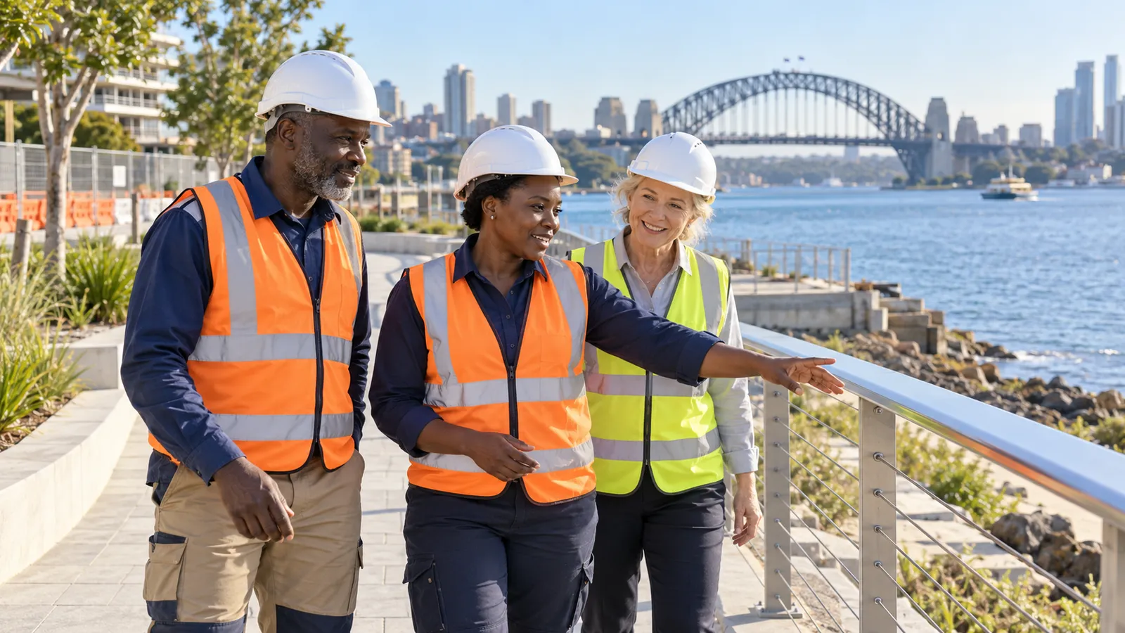 Three professionals in safety gear inspect a waterfront railing with Sydney Harbour Bridge behind them.