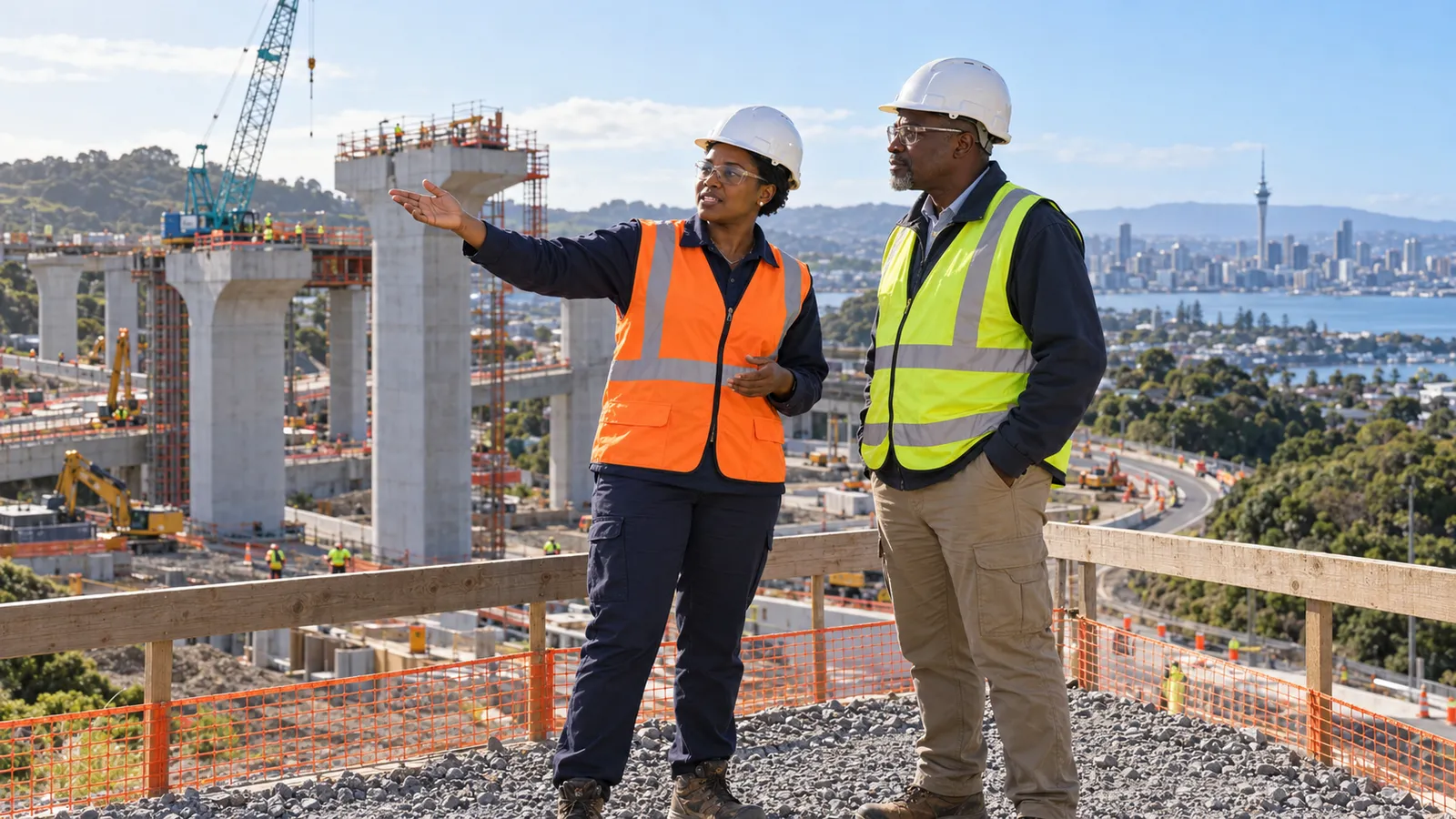 Two construction professionals in safety gear discuss an Auckland infrastructure site overlooking the harbour.