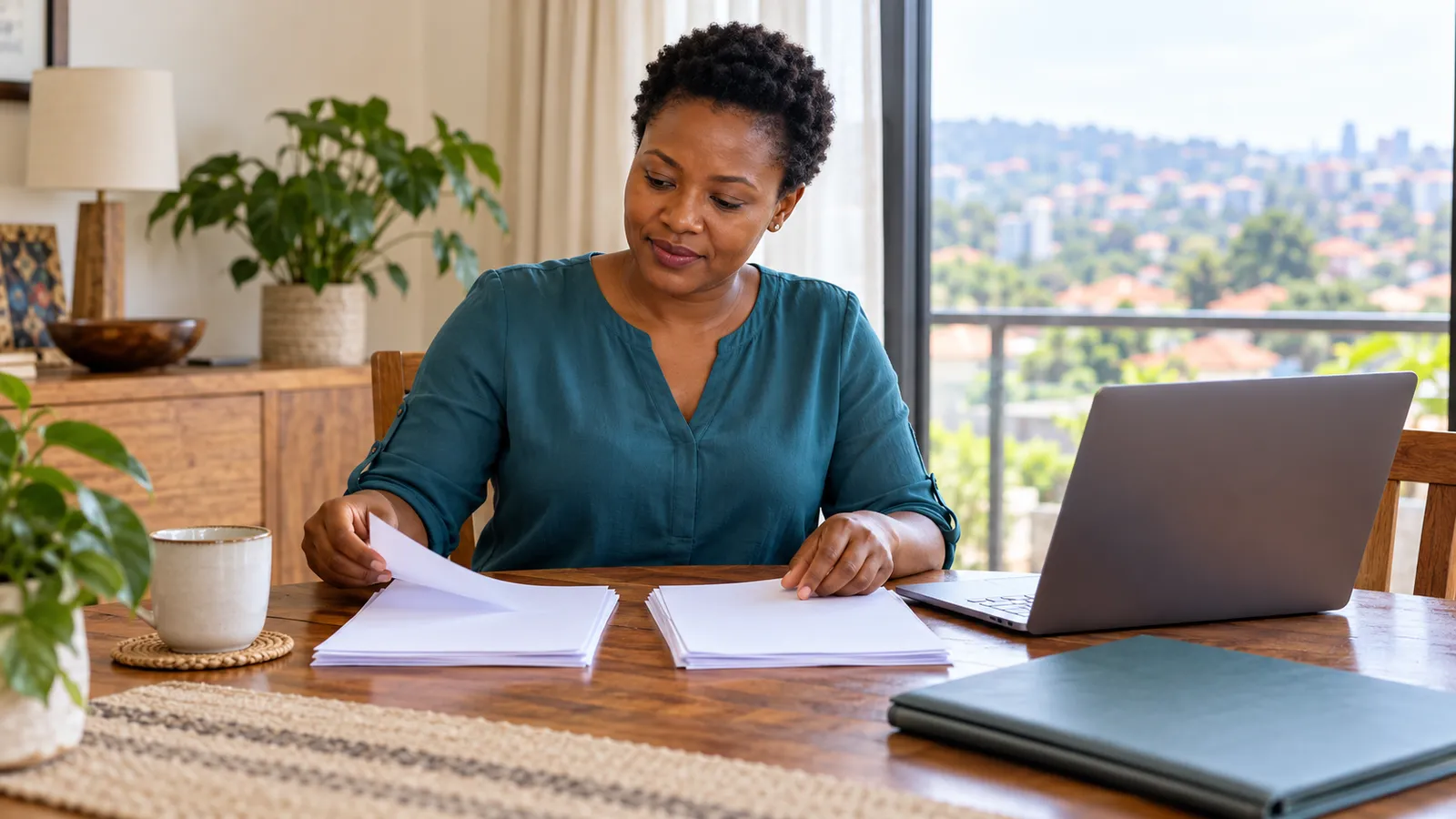 A Ugandan woman sorts papers beside a laptop at a sunlit table overlooking Kampala rooftops.
