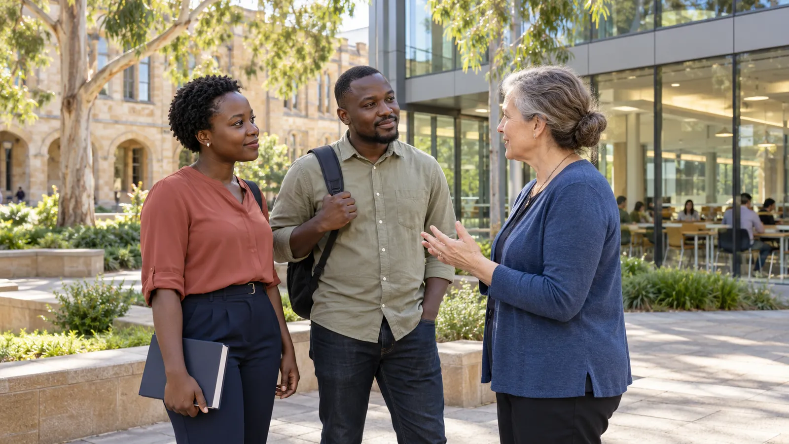 Two Ugandan students converse with a lecturer in a sunlit Australian university courtyard.