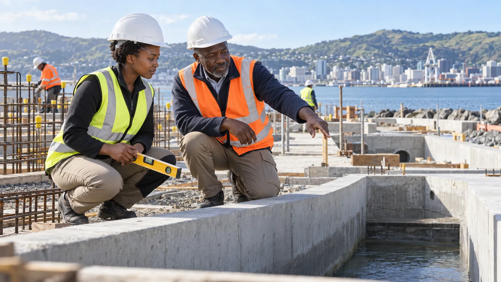 Two engineers in safety gear inspect a concrete water channel at a construction site beside Wellington harbour.