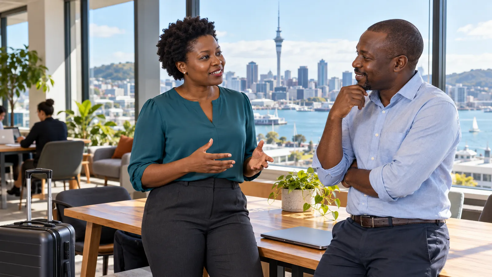 Two Ugandan professionals converse in a sunlit office overlooking Auckland’s harbour and Sky Tower.