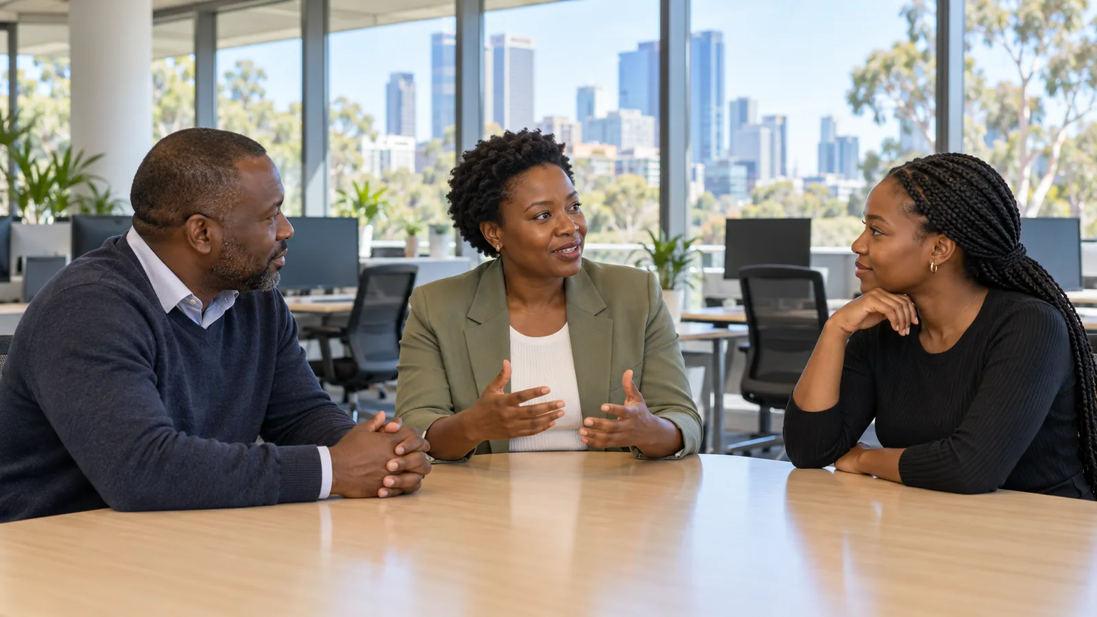 Three Ugandan professionals talk around a meeting table in a bright Australian office.