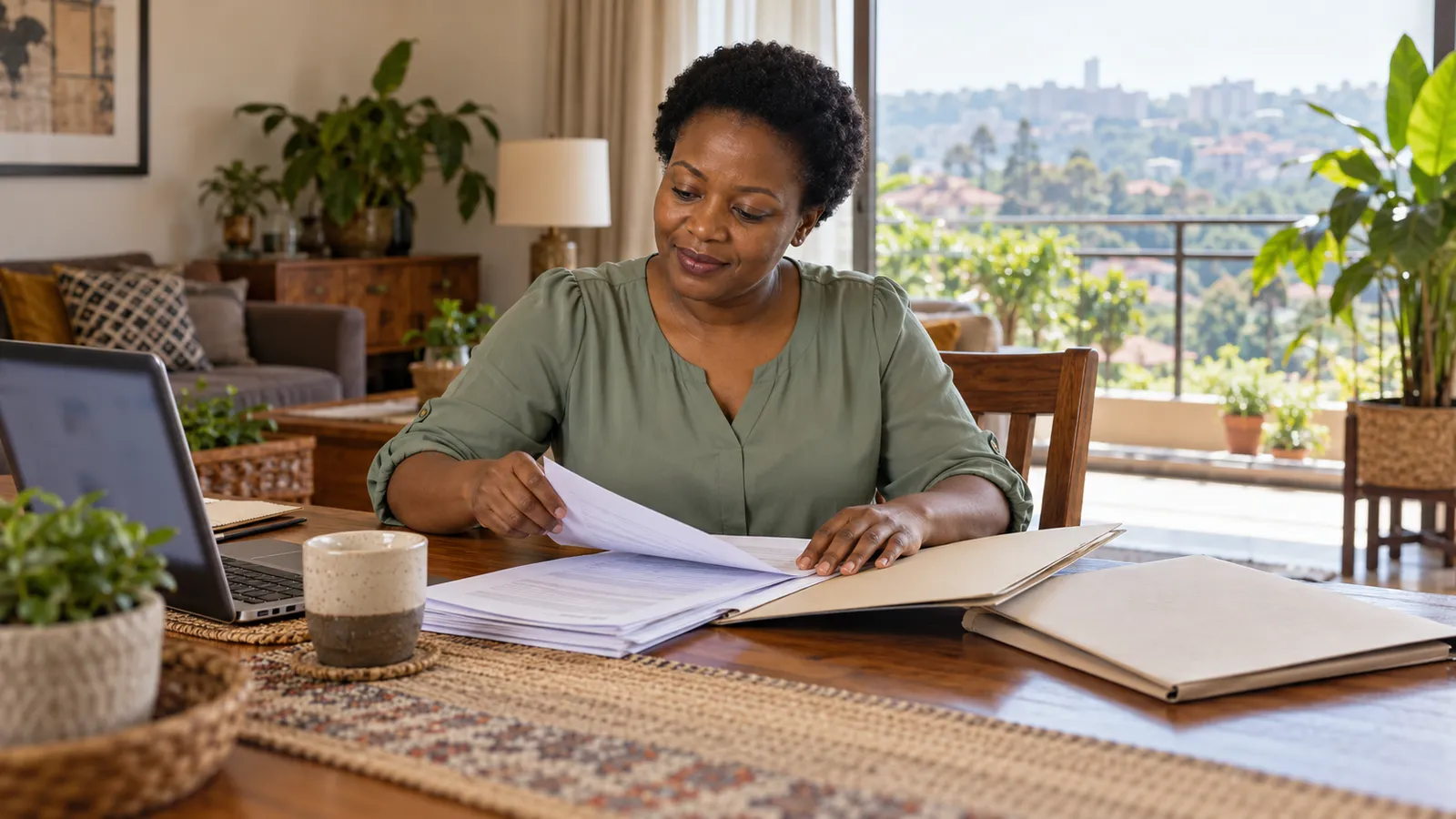 A Ugandan woman sorts paperwork beside a laptop at a wooden table in her sunlit home.