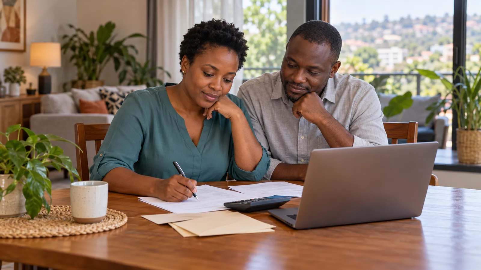 A Ugandan couple reviews paperwork with a calculator and laptop at a wooden table in their sunlit home.