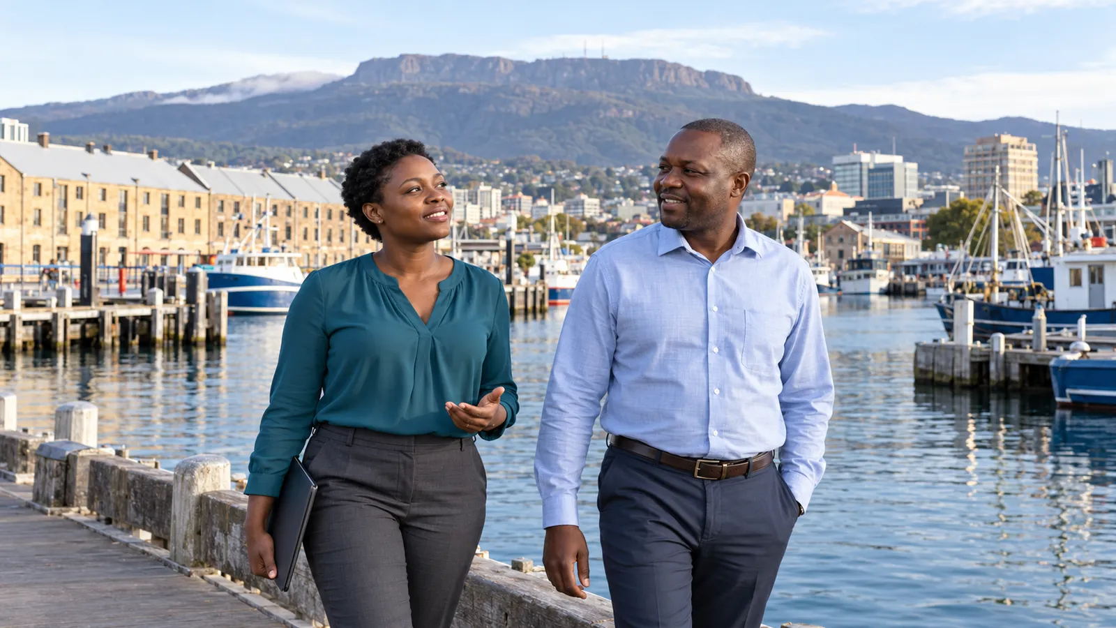 Two Ugandan professionals walk beside Hobart’s harbour, with boats and Mount Wellington behind them.