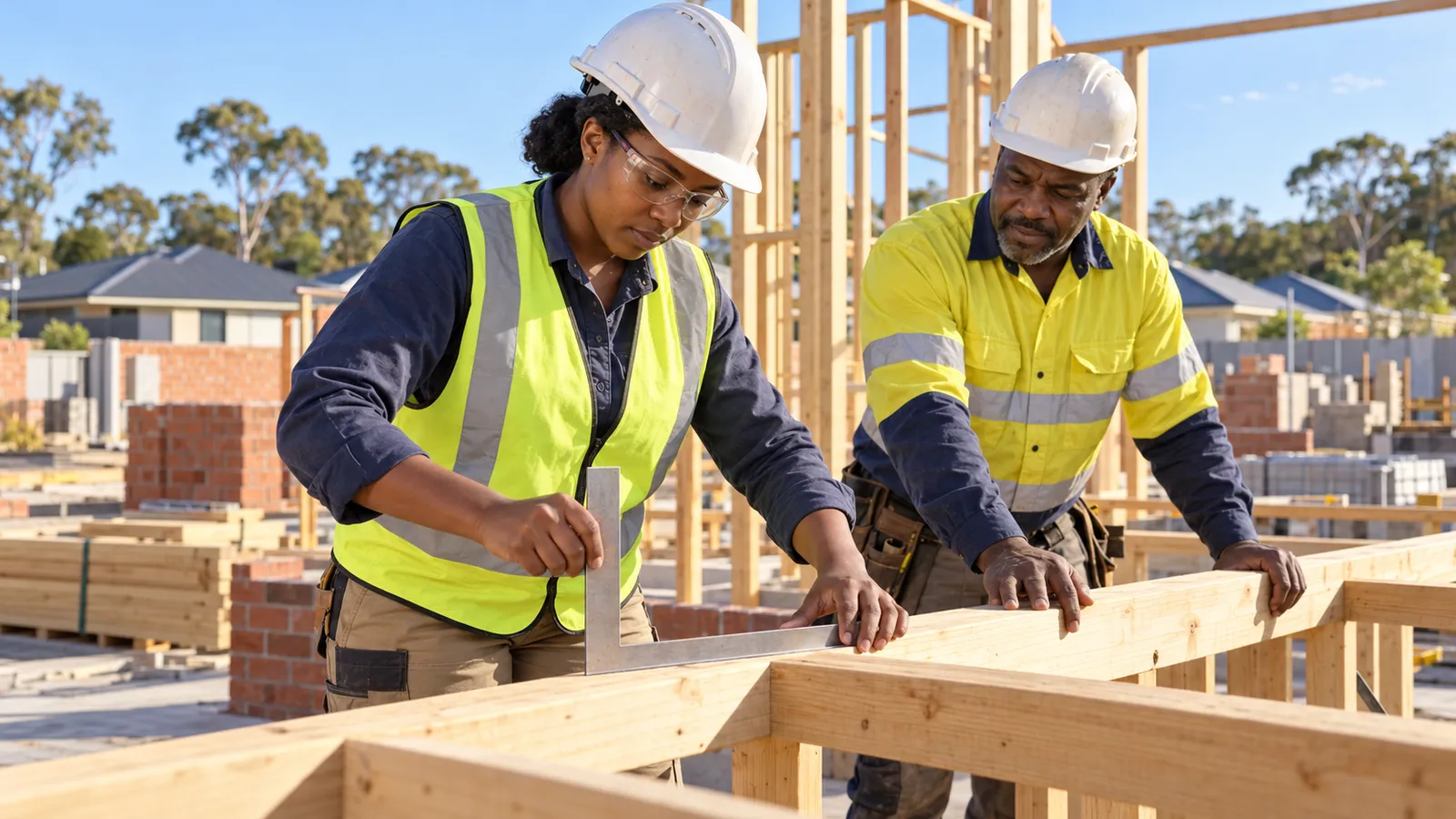 Two Ugandan carpenters in safety gear check timber framing at a sunlit Australian construction site.
