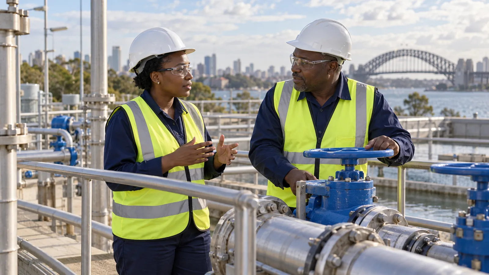 Two Ugandan colleagues in safety gear discuss equipment at a water facility overlooking Sydney Harbour Bridge.