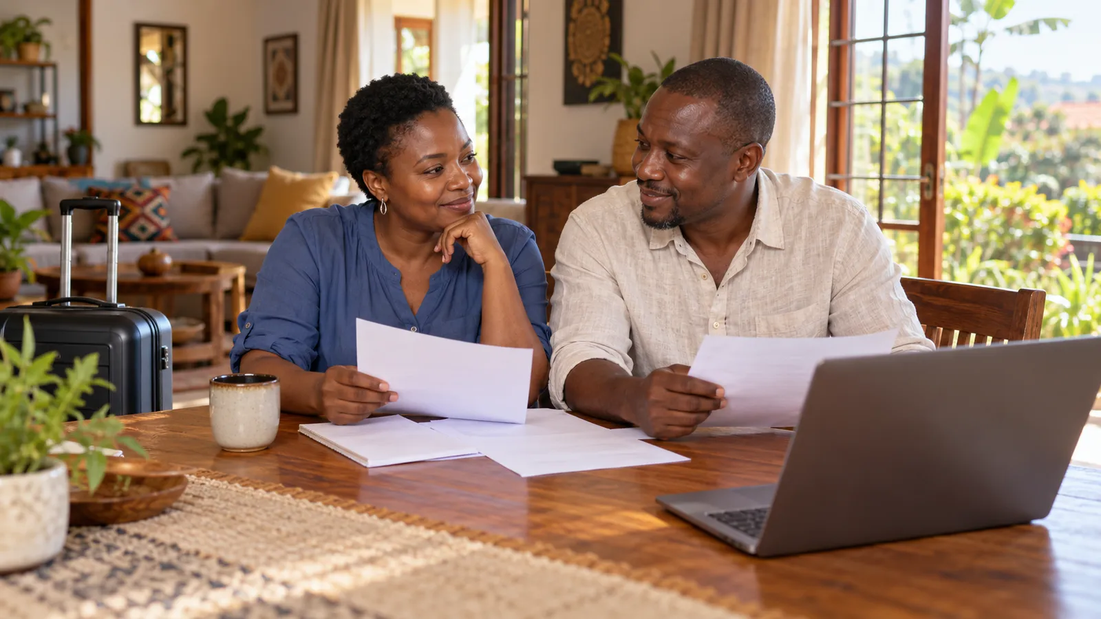 A Ugandan couple reviews papers beside a laptop in a sunlit home, with a suitcase nearby.