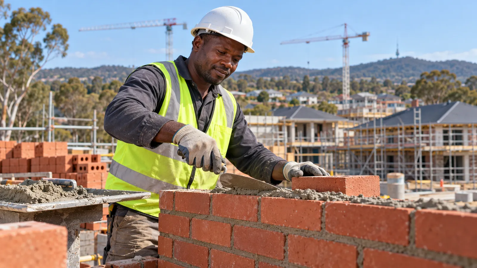 A Ugandan bricklayer spreads mortar on a red brick wall at a sunny Canberra construction site.