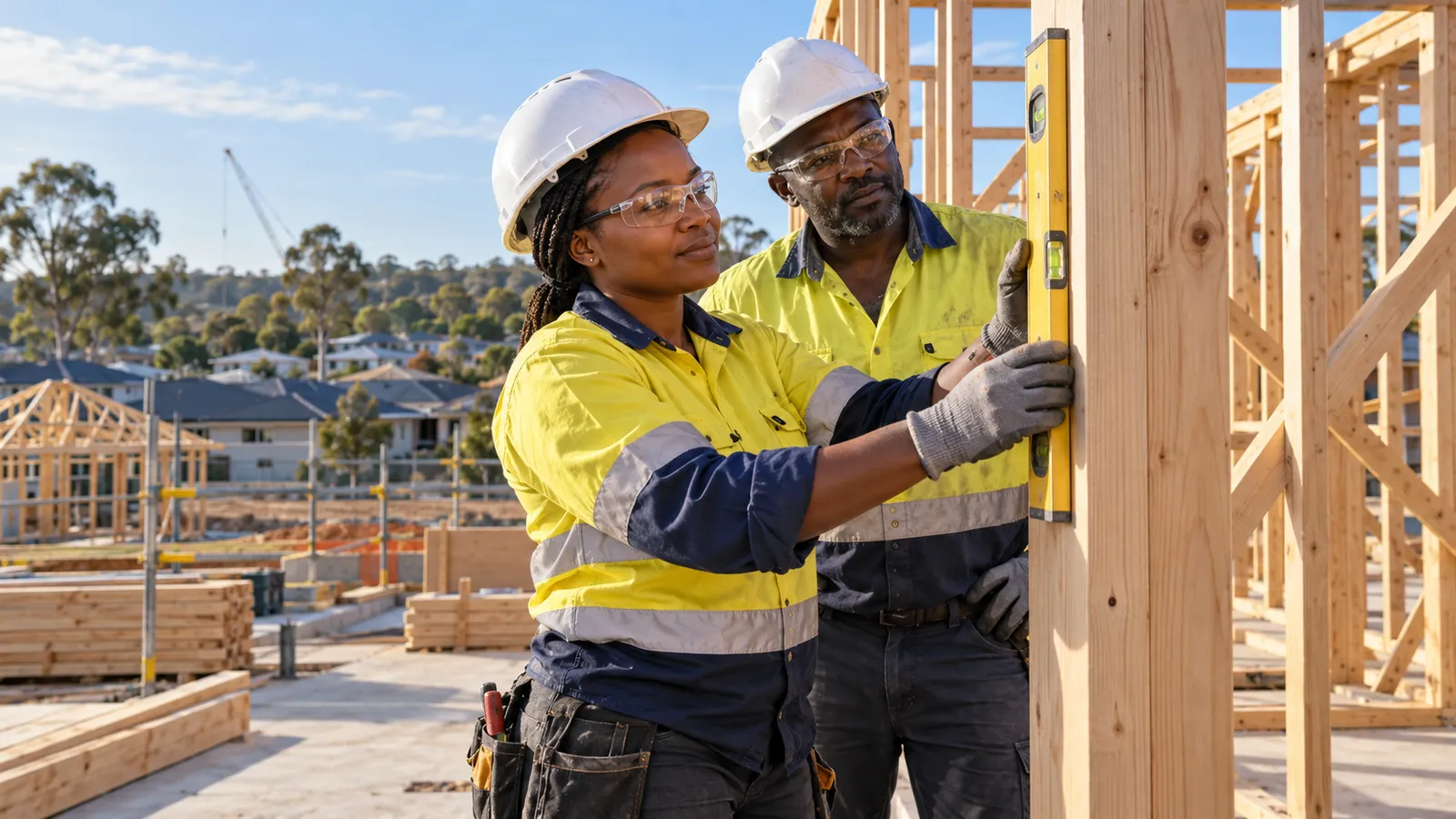 Two Ugandan tradespeople in safety gear check a timber frame with a spirit level at an Australian construction site.