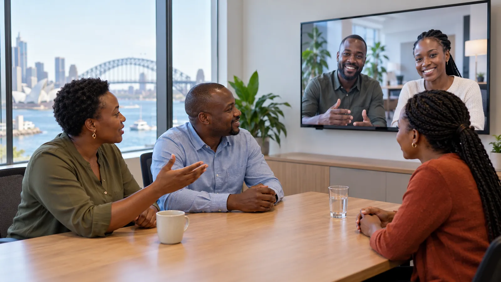 Three colleagues in a sunlit Sydney office collaborate with two remote teammates on a large video screen.